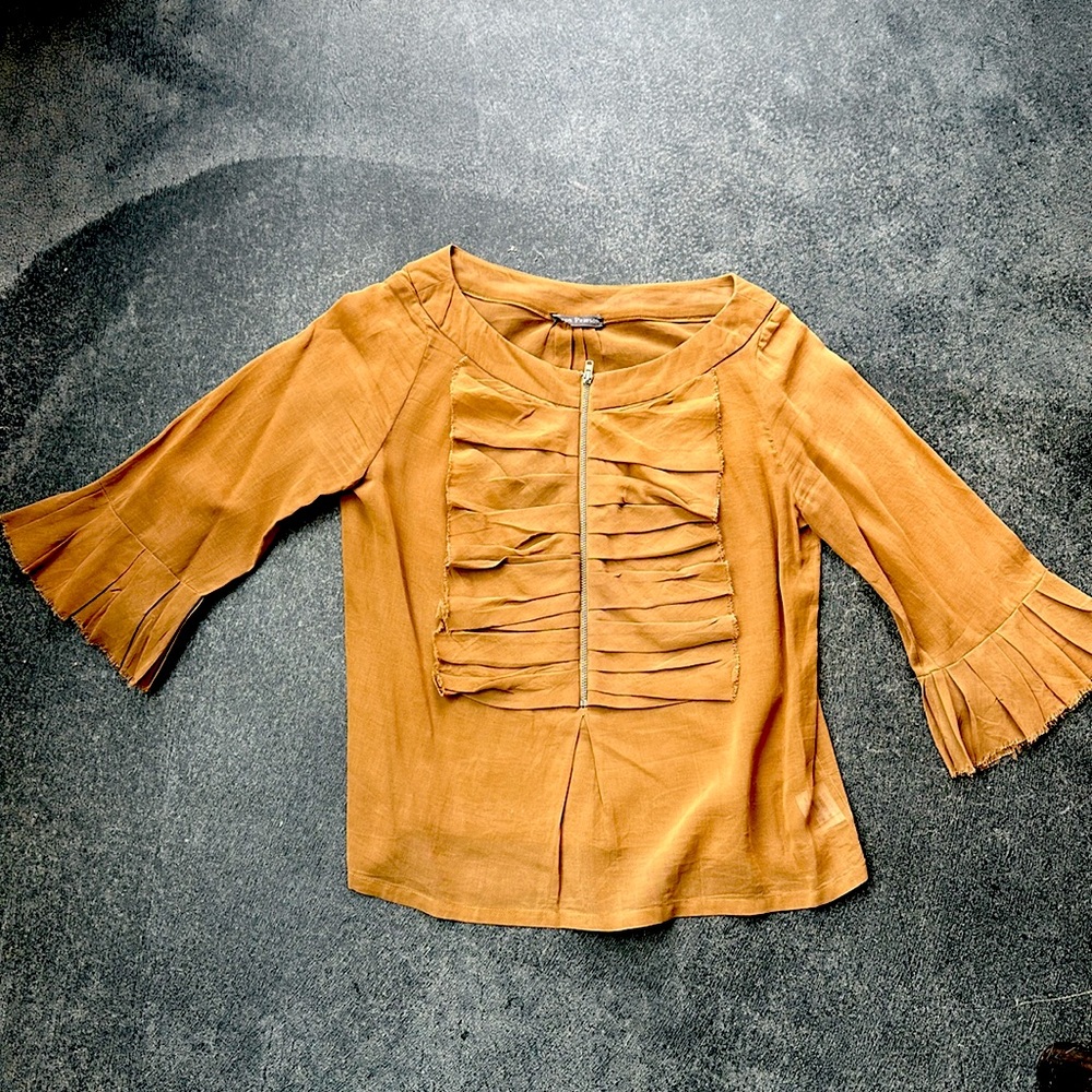 Easton Pearson light brown/gold cotton zip front blouse. Sz 6